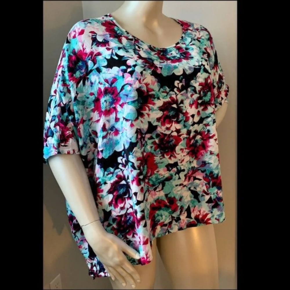 NEW 3x 22w 24w Turquoise Blue Fuchsia Pink Floral Dolman Sleeve Asymmetrical Top
